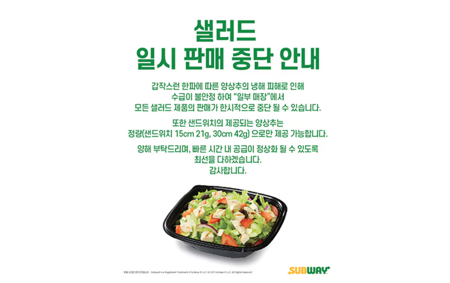 써브웨이에서 샐러드가 사라졌어요